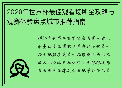 2026年世界杯最佳观看场所全攻略与观赛体验盘点城市推荐指南